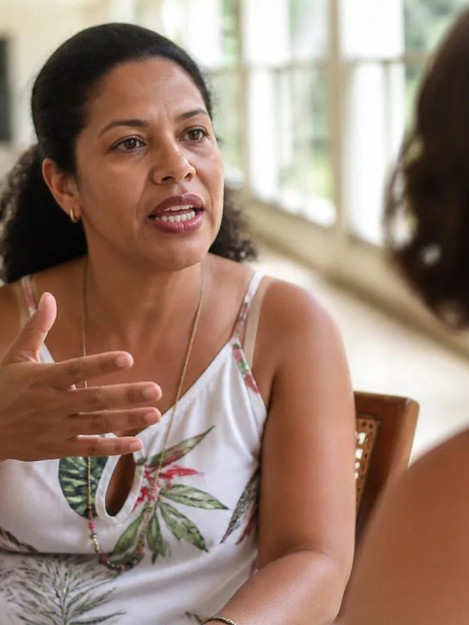 Participante com o braço levantado pedindo a vez numa mesa coberta de rascunhos