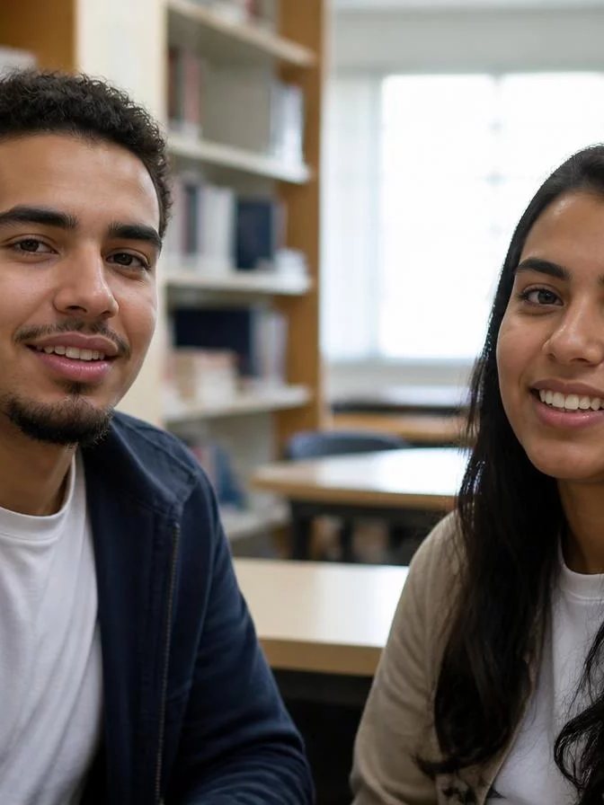Duas participantes conversando de pé no corredor entre prateleiras de livros